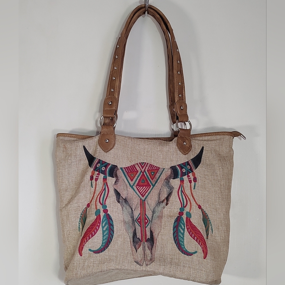 Montana West Burlap Tan Tote Bag with Tribal Design - Picture 1 of 16